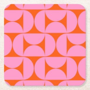 Mid Century Modern Pattern Preppy Pink And Orange Square Paper Coaster