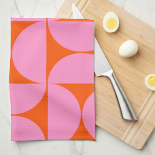Mid Century Modern Pattern Preppy Pink And Orange Tea Towel