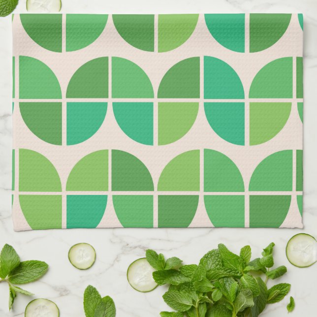  Mid Century Modern  Pattern with geometric green  Tea Towel (Folded)