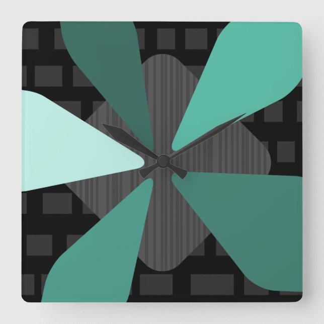 Mid Century Modern ‘Petals’ Art Black Turquoise Square Wall Clock (Front)