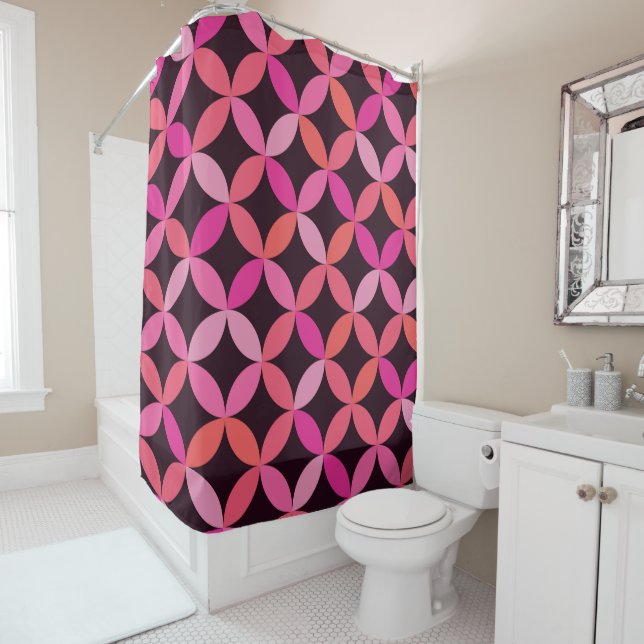 Mid Century Modern pink and red Circles on Black Shower Curtain (In Situ)