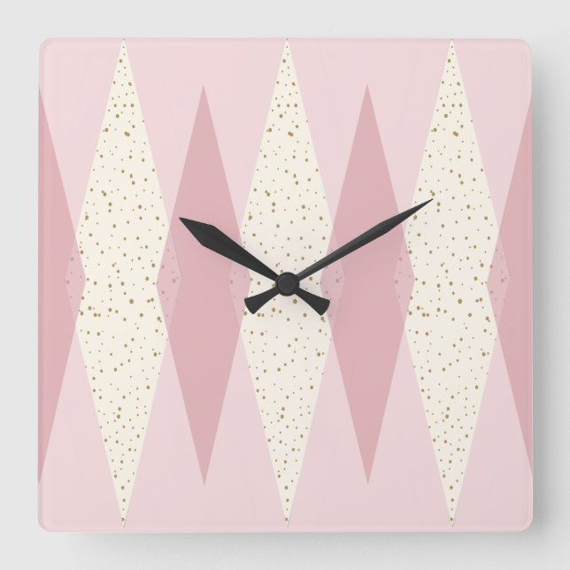 Mid Century Modern Pink Argyle Square Wall Clock (Front)