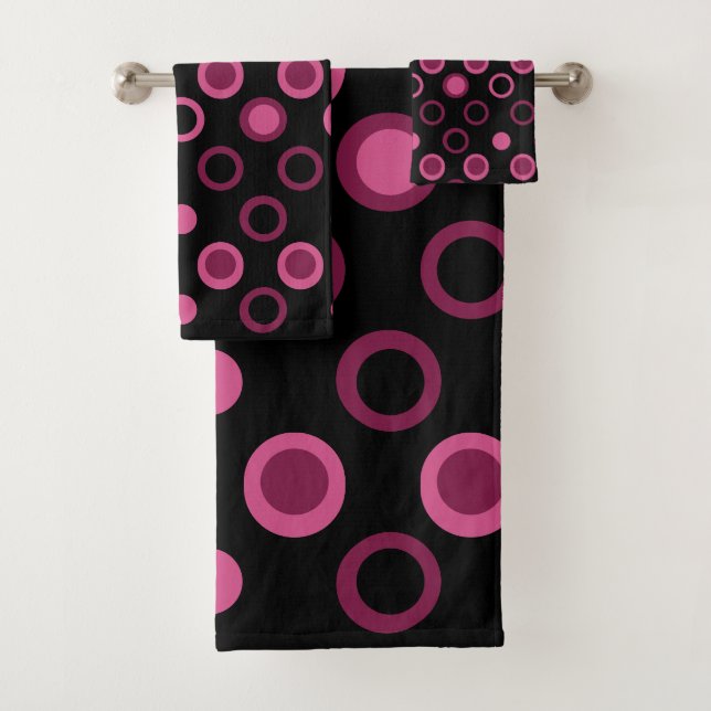 Mid-Century Modern pink, black and grey dots  Bath Towel Set (Insitu)