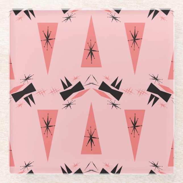 Mid-Century Modern: Pink Coral Pattern. Glass Coaster (Front)