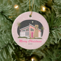 Mid Century Modern Pink House Christmas Ceramic Or