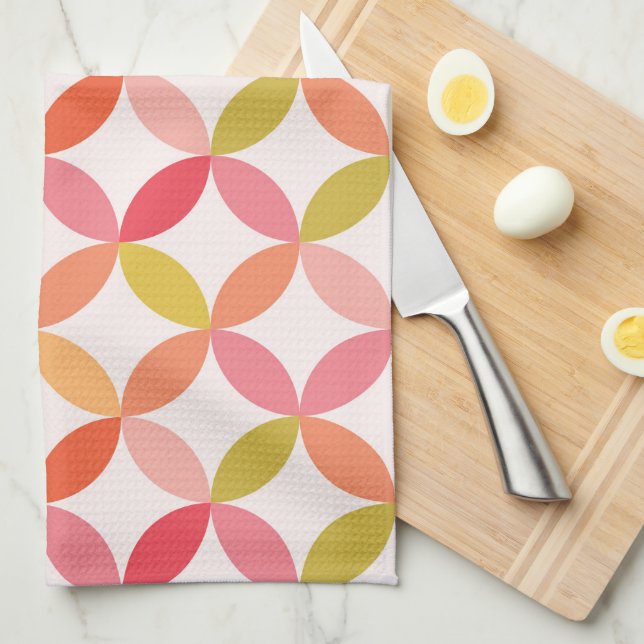 Mid century modern pink red orange Circles  Tea Towel (Quarter Fold)