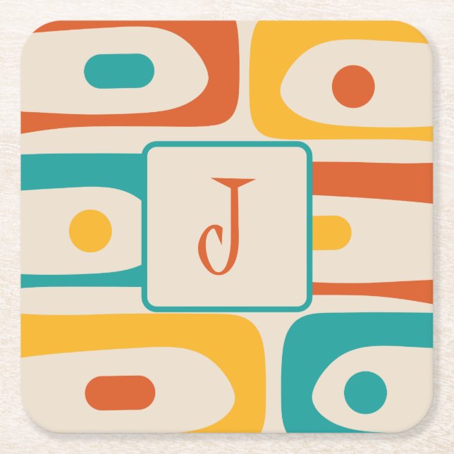 Mid Century Modern Piquet Abstract Pattern Initial Square Paper Coaster (Front)