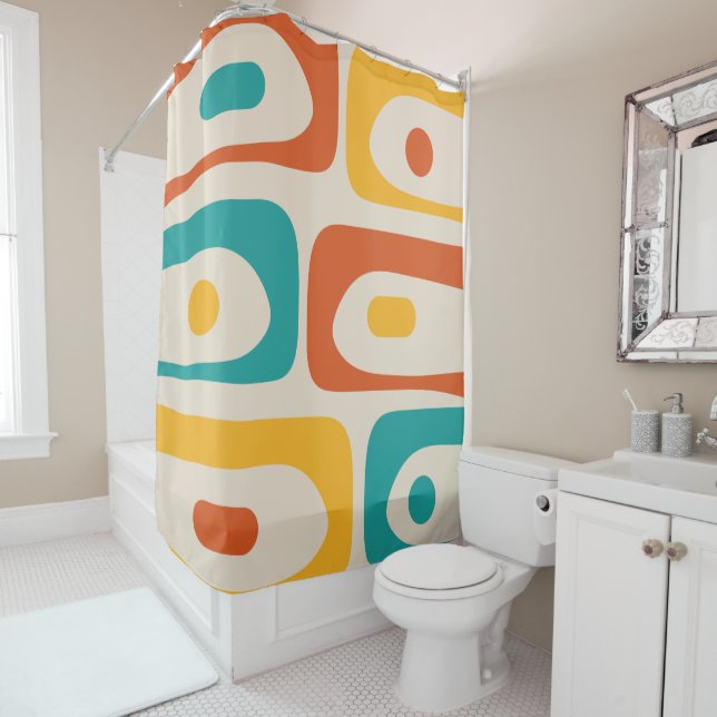Mid Century Modern Piquet Abstract Pattern Orange Shower Curtain (In Situ)