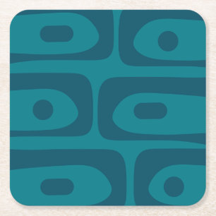 Mid Century Modern Piquet Abstract Pattern Teal Square Paper Coaster