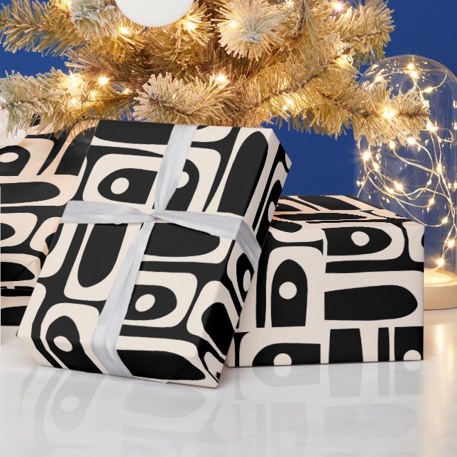 Mid Century Modern Piquet Black and Cream Abstract Wrapping Paper (Holidays)