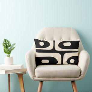 Mid Century Modern Piquet Minimalist Black Cream Lumbar Cushion