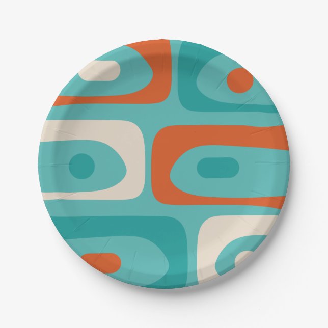 Mid-century Modern Piquet Pattern Teal Orange Paper Plate (Front)