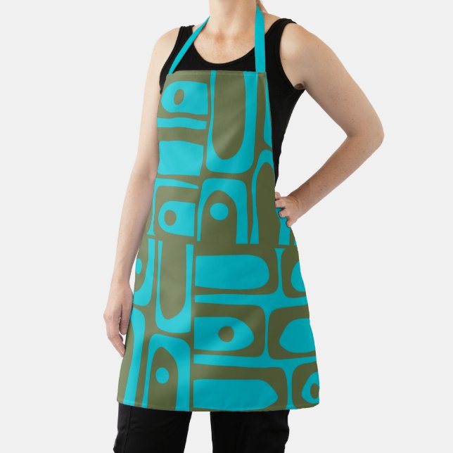 Mid Century Modern Piquet Turquoise Olive Pattern Apron (Insitu)