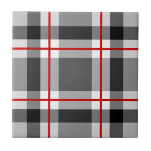 Mid-Century Modern Plaid, Black, White, Grey and R Tile