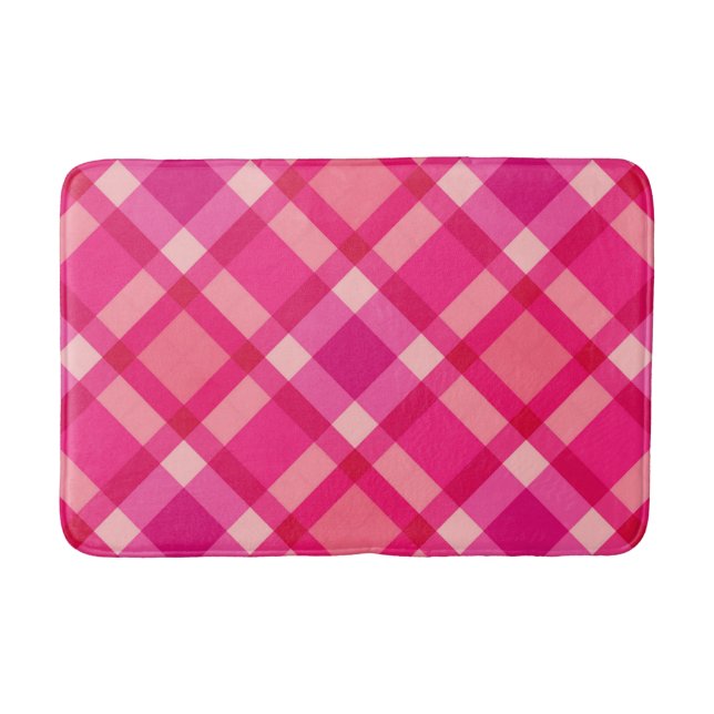 Mid-Century Modern Plaid, Fuchsia Pink & Coral Red Bath Mat (Front)