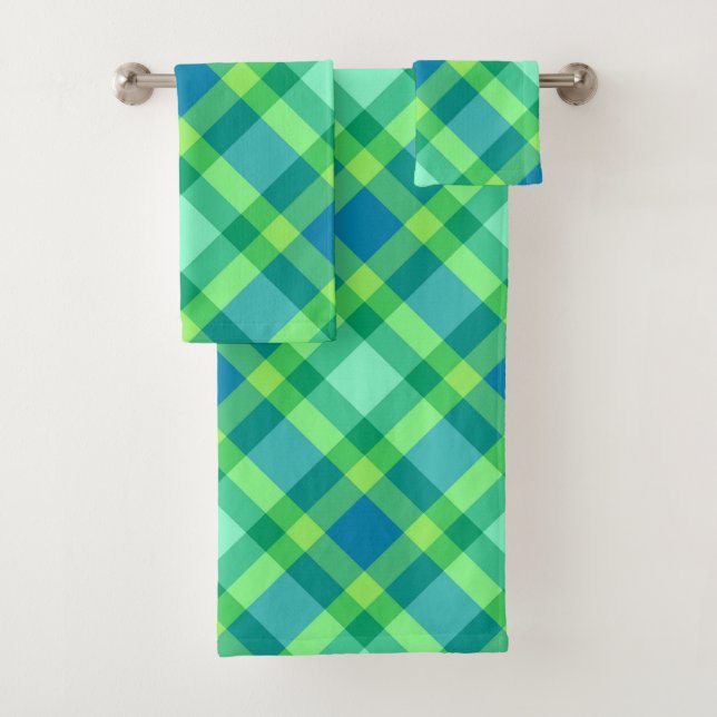 Mid-Century Modern Plaid, Jade Green & Turquoise Bath Towel Set (Insitu)