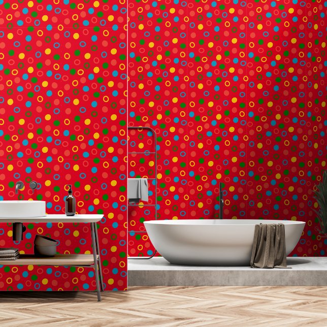 Mid century modern polka dot red peel and stick wallpaper (Bathroom)