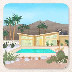 Mid Century Modern Pool House Square Paper Coaster
