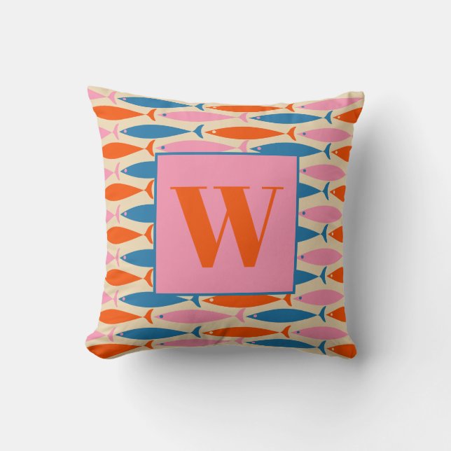 Mid Century Modern Pop Fish Pattern with Initial Cushion (Front)