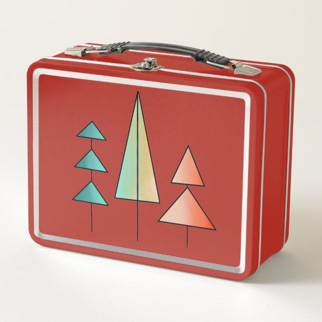mid century modern rainbow trees blush teal simple metal lunch box (Front)