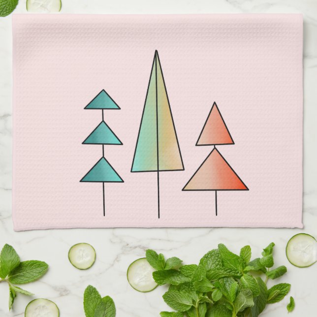 mid century modern rainbow trees blush teal simple tea towel (Folded)