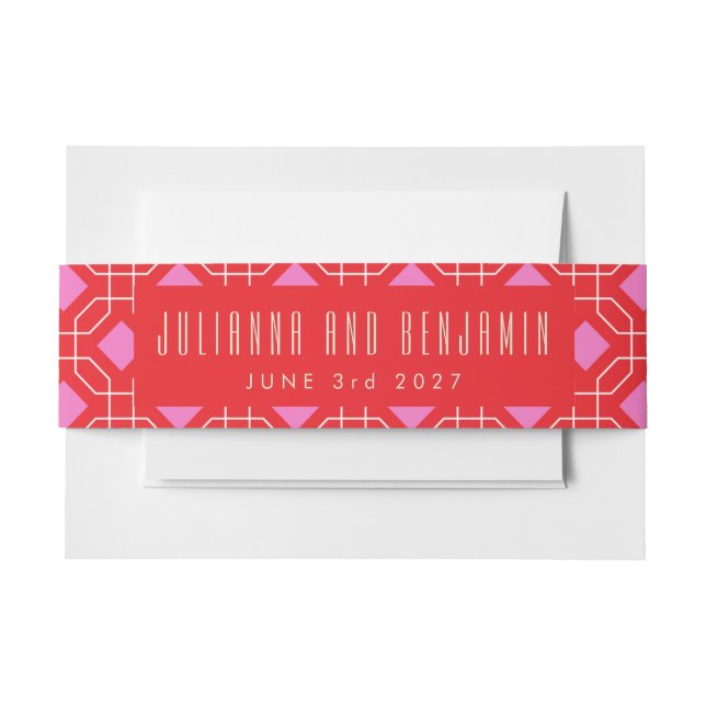 Mid Century Modern Red and Pink Geometric Wedding Invitation Belly Band (Front Example)