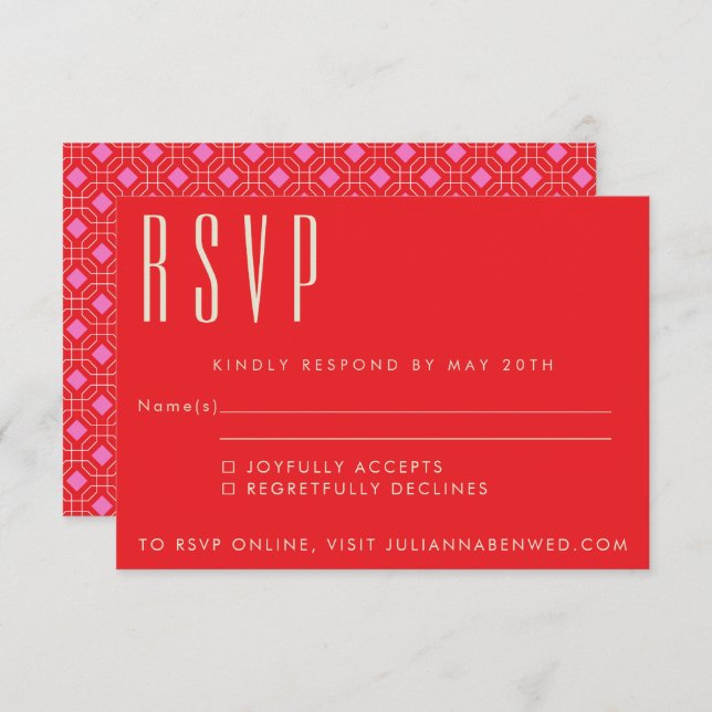 Mid Century Modern Red and Pink Geometric Wedding RSVP Card (Front/Back)