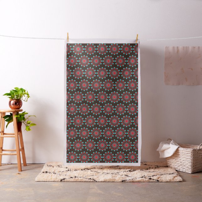 Mid Century Modern Repeat Starburst Turquoise Red Fabric (In Situ)