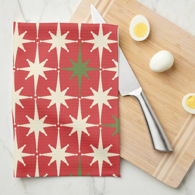 Mid Century Modern Retro Atomic Christmas Stars Tea Towel (Quarter Fold)