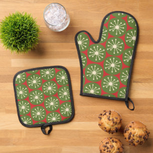 Mid-Century Modern Retro Atomic Vintage Christmas Oven Mitt & Pot Holder Set