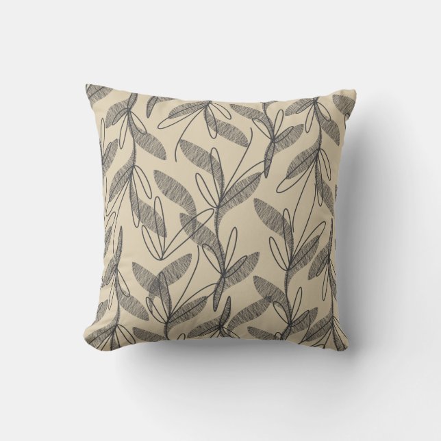 Mid Century Modern Retro Botanical Grey Beige Cushion (Front)