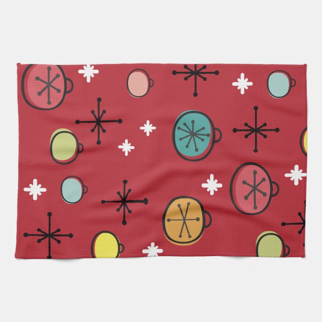 Mid Century Modern Retro Christmas Art Red Tea Towel (Horizontal)