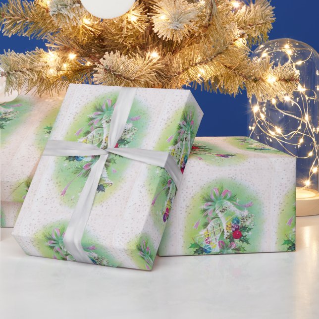 Mid Century Modern Retro Christmas Bells Holly Wrapping Paper (Holidays)
