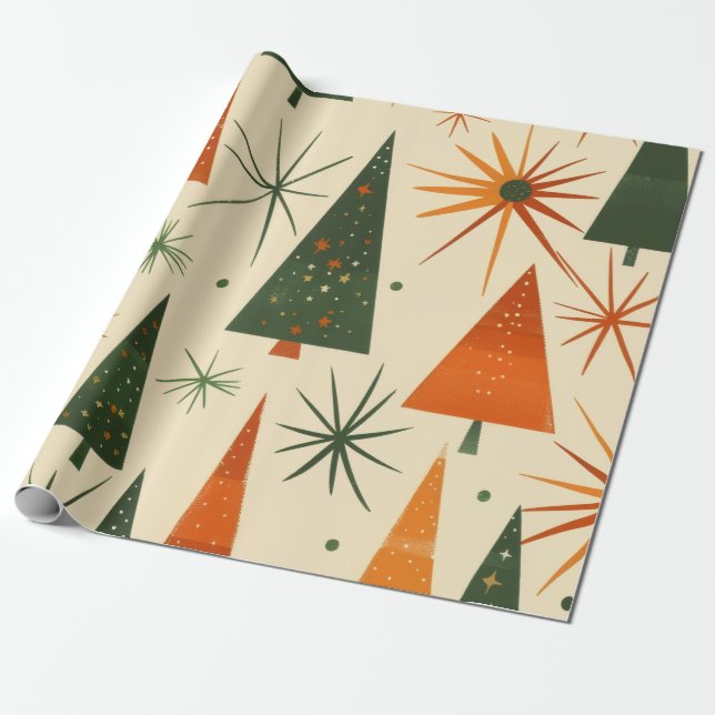Mid-Century Modern Retro Christmas Trees Wrapping Paper (Unrolled)