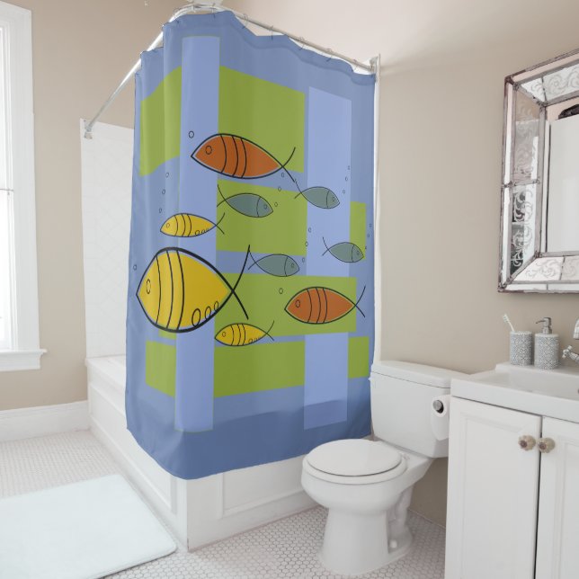 Mid Century Modern Retro Fish Swimming on Blue Shower Curtain (In Situ)