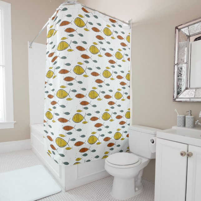 Mid Century Modern Retro Fish Swimming Pattern Shower Curtain (In Situ)