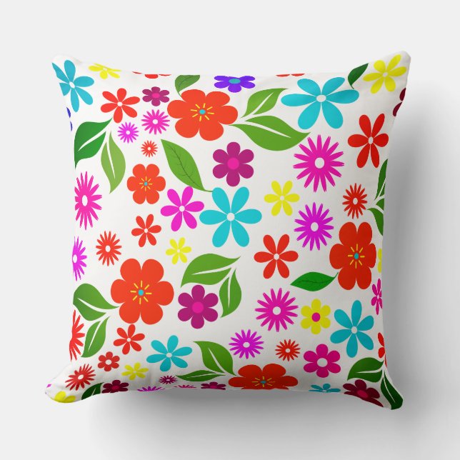 mid century modern retro floral colourful pattern cushion (Front)