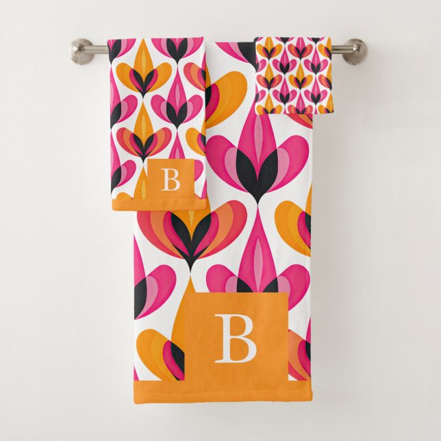 Mid Century Modern RETRO Floral Pattern Monogram Bath Towel Set (Insitu)