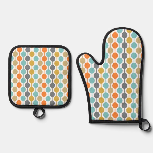Mid-Century Modern Retro Geometric Circles Pattern Oven Mitt & Pot Holder Set (Front)