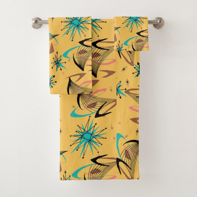 Mid Century Modern, Retro, Geometric, Yellow Bath Towel Set (Insitu)