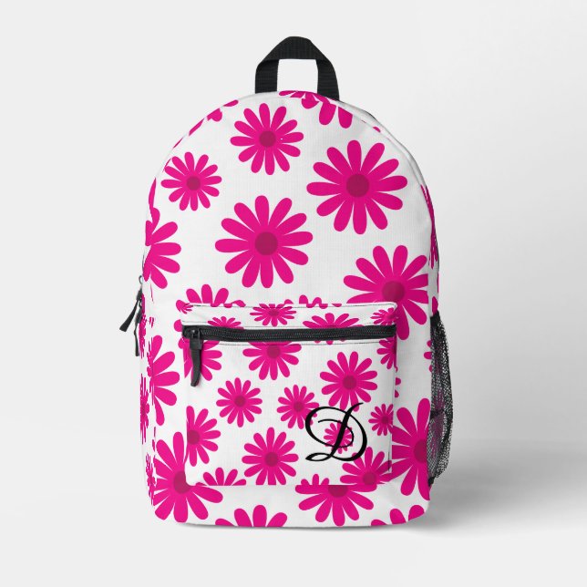 mid century modern retro pink floral daisies printed backpack (Front)
