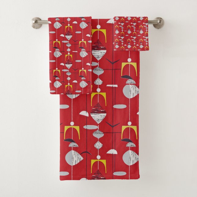 Mid Century Modern Retro Red Yellow White Atomic Bath Towel Set (Insitu)
