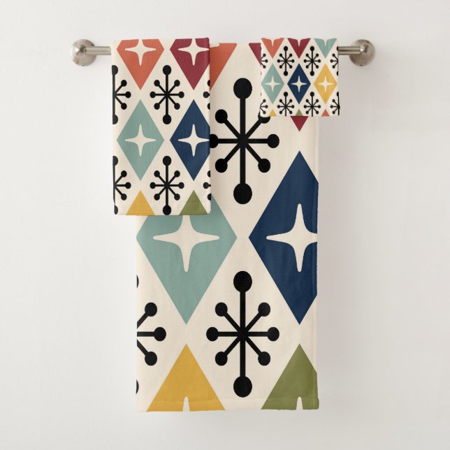Mid Century Modern Retro Starburst Pattern Bath Towel Set (Insitu)