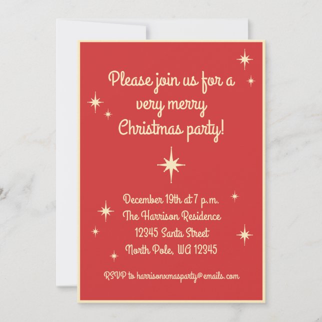Mid Century Modern Retro Stars Christmas Party Red Invitation (Front)