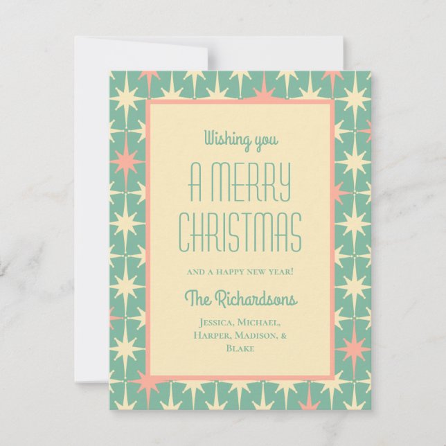 Mid Century Modern Retro Stars Christmas Teal Pink Holiday Card (Front)