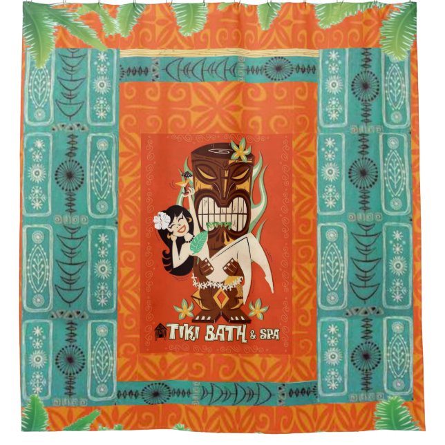Mid Century Modern Retro Tropical Tiki Bath & Spa Shower Curtain (Front)