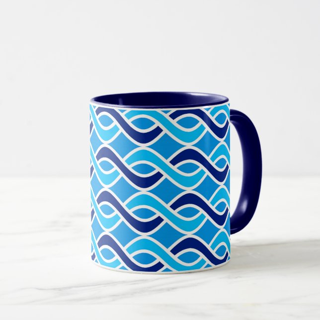 Mid-Century Modern Ribbons, Navy and Light Blue Mug (Front Right)