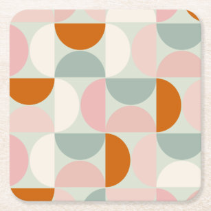 Mid Century Modern Sage Green Blush Orange Pattern Square Paper Coaster