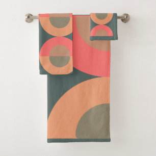Mid-Century Modern Salmon and Olive  Bath Towel Set
