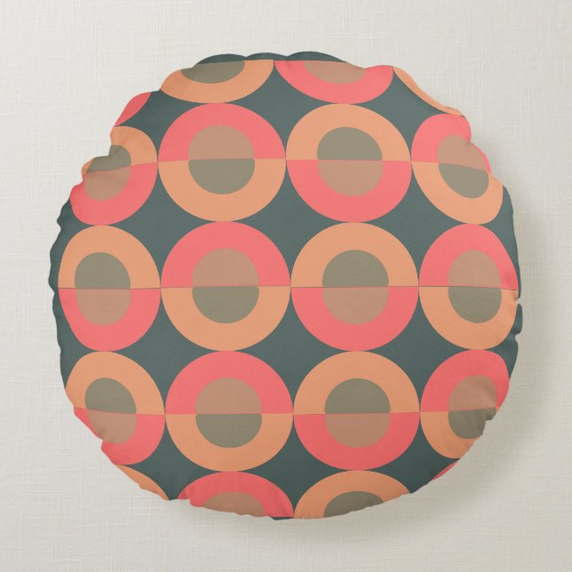 Mid-Century Modern Salmon and Olive       Round Cushion (Front)